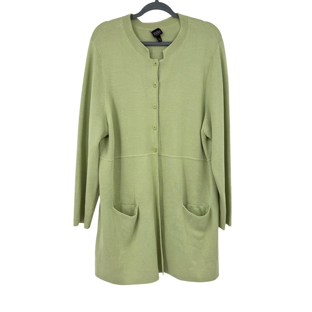 Eileen Fisher Silk Cotton Cardigan Sweater 2X Green Button Front Longline Casual